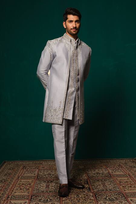 Niloufer By Aasif Ally_Gray Silk Embroidery, Stones, Sequins Zardozi And Cut Dana Handwork Sherwani Set _at_Aza_Fashions