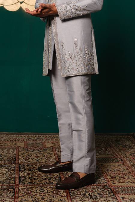 Buy_Niloufer By Aasif Ally_Gray Silk Embroidery, Stones, Sequins Zardozi And Cut Dana Handwork Sherwani Set 