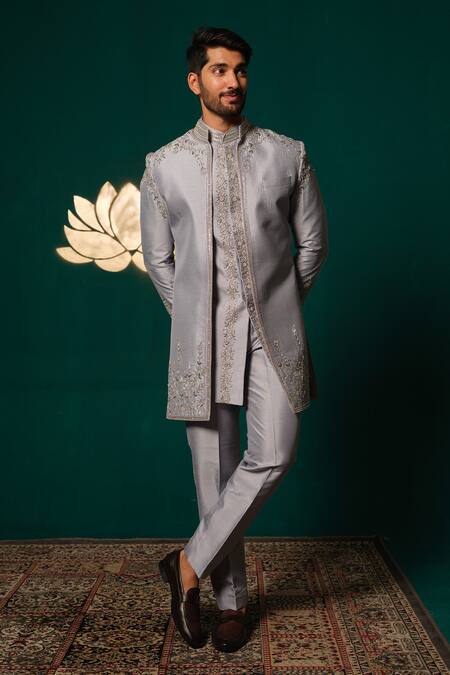 Shop_Niloufer By Aasif Ally_Gray Silk Embroidery, Stones, Sequins Zardozi And Cut Dana Handwork Sherwani Set 