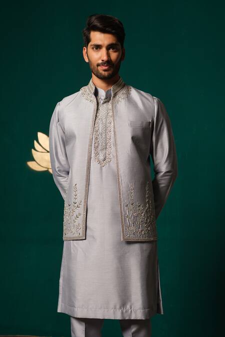 Niloufer By Aasif Ally_Gray Silk Embroidery, Sequins, Zari Zardozi And Cut Dana Kurta Set _Online_at_Aza_Fashions