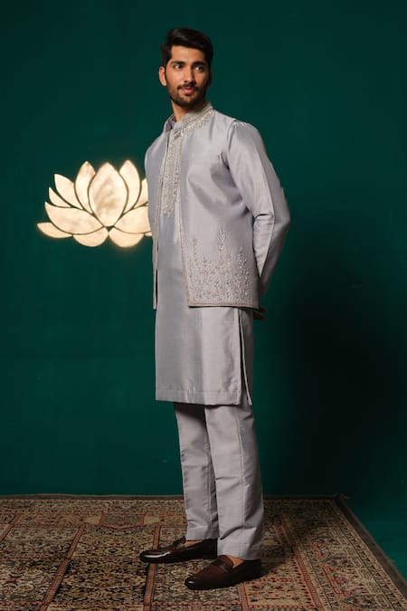 Buy_Niloufer By Aasif Ally_Gray Silk Embroidery, Sequins, Zari Zardozi And Cut Dana Kurta Set _Online_at_Aza_Fashions