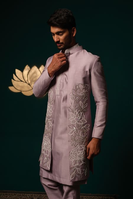 Buy_Niloufer By Aasif Ally_Purple Silk Sequins, Zari, Beads, Embroidery Zardozi And Cut Dana Sherwani Set _Online_at_Aza_Fashions