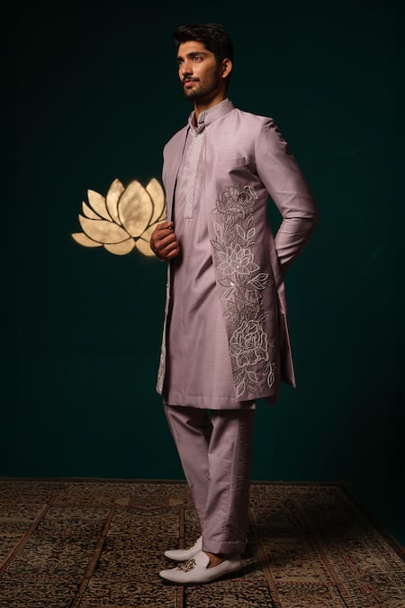 Niloufer By Aasif Ally_Purple Silk Sequins, Zari, Beads, Embroidery Zardozi And Cut Dana Sherwani Set _at_Aza_Fashions