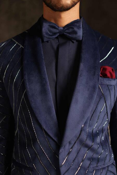 Tisa - Men_Navy Suede, Viscose, Polyester Embroidery Metallic Linear Tuxedo And Pant Set _Online_at_Aza_Fashions