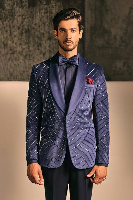 Shop_Tisa - Men_Navy Suede, Viscose, Polyester Embroidery Metallic Linear Tuxedo And Pant Set _Online_at_Aza_Fashions