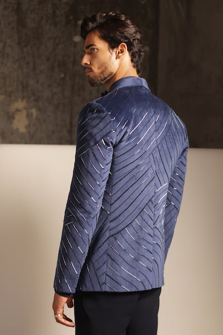 Tisa - Men Metallic Linear Embroidered Tuxedo & Pant Set 