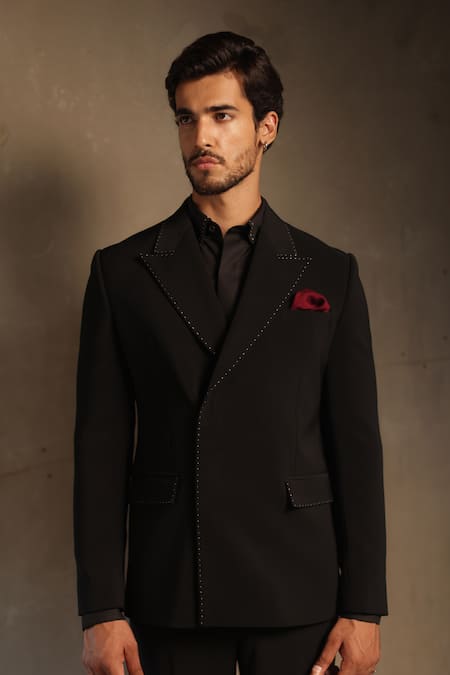 Buy_Tisa - Men_Black Viscose, Polyester Double Breasted Pick-stitch Suit And Pant Set _Online_at_Aza_Fashions