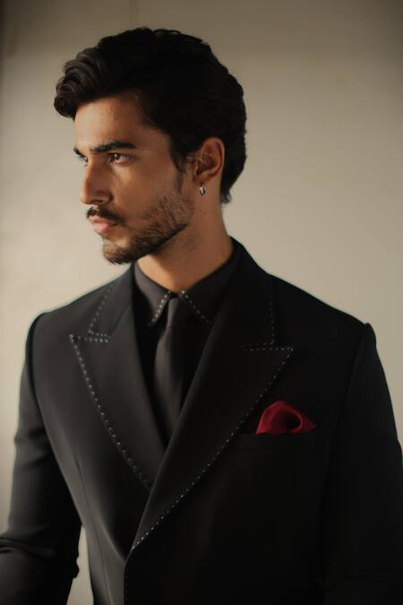 Shop_Tisa - Men_Black Viscose, Polyester Double Breasted Pick-stitch Suit And Pant Set _Online_at_Aza_Fashions