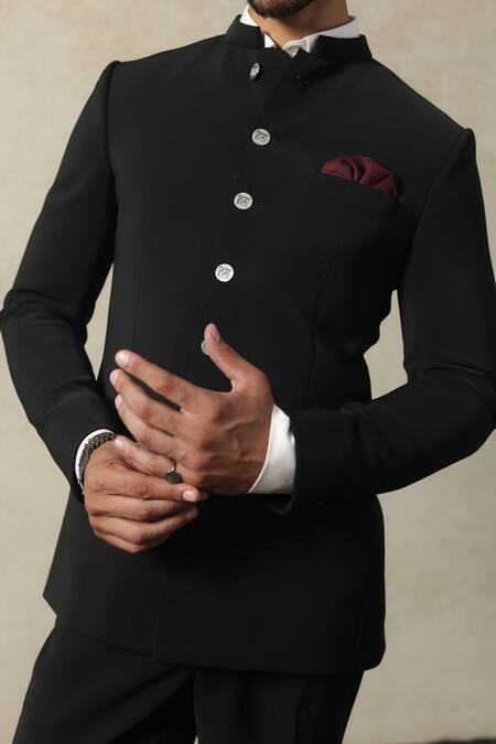 Tisa - Men_Black Viscose, Polyester Signature Button Bandhgala And Trouser Set _Online_at_Aza_Fashions