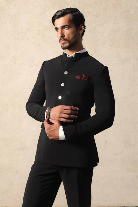 Buy_Tisa - Men_Black Viscose, Polyester Signature Button Bandhgala And Trouser Set _Online_at_Aza_Fashions