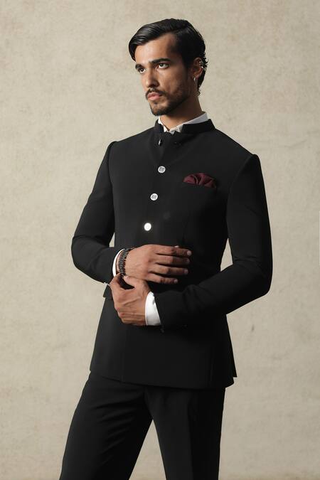 Tisa - Men_Black Viscose, Polyester, Terrycloth, Silk Structured Bandhgala Set  _Online_at_Aza_Fashions
