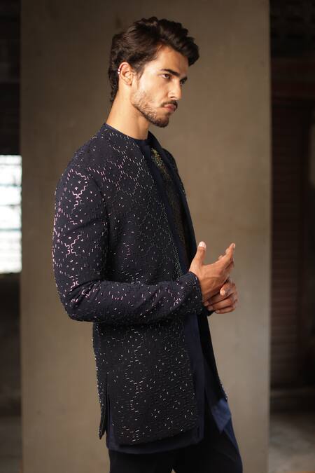 Buy_Tisa - Men_Navy Viscose, Polyester, Rayon Embroidery Geometric Bandhgala Set _Online_at_Aza_Fashions