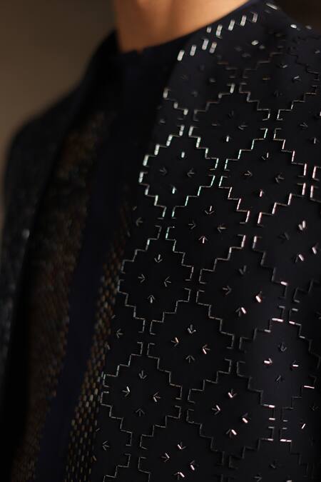 Shop_Tisa - Men_Navy Viscose, Polyester, Rayon Embroidery Geometric Bandhgala Set _Online_at_Aza_Fashions