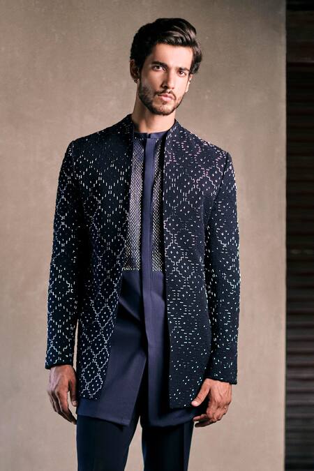 Tisa - Men_Navy Viscose, Polyester, Rayon Embroidery Geometric Bandhgala Set _at_Aza_Fashions