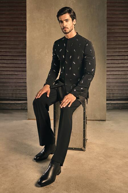 Tisa - Men_Black Viscose, Polyester, Rayon Metallic Thread Embroidered Bandhgala And Pant Set _at_Aza_Fashions