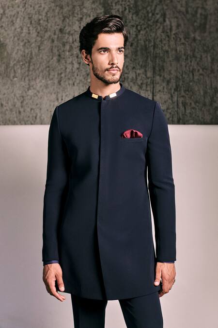 Shop_Tisa - Men_Navy Viscose, Polyester Indo Western Bandhgala Jacket And Pant Set _Online_at_Aza_Fashions