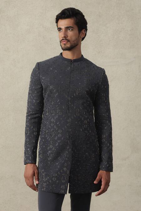 Buy_Tisa - Men_Charcoal Viscose, Polyester Embroidery, Geometric Bandhgala Jacket And Pant Set _Online_at_Aza_Fashions