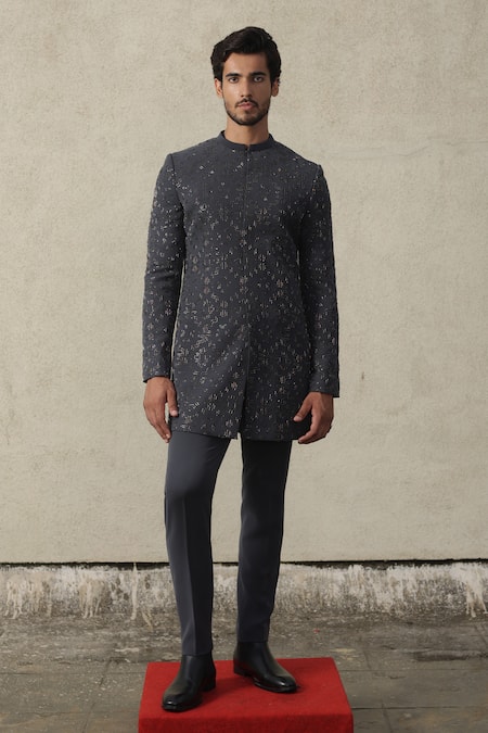 Tisa - Men Geometric Embroidered Bandhgala Jacket & Pant Set 