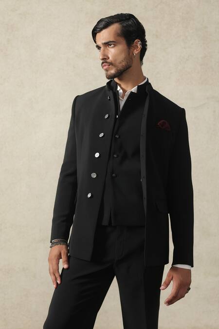 Buy_Tisa - Men_Black Viscose, Polyester Signature Button Bandhgala And Pant Set _Online_at_Aza_Fashions