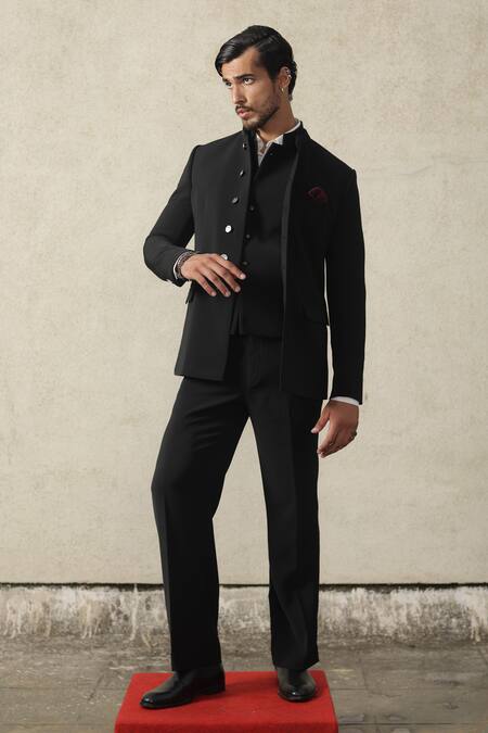 Shop_Tisa - Men_Black Viscose, Polyester Signature Button Bandhgala And Pant Set _Online_at_Aza_Fashions