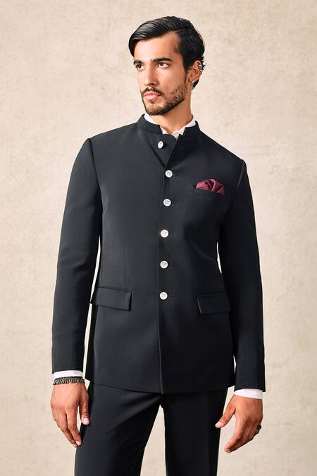Tisa - Men_Black Viscose, Polyester Signature Button Bandhgala And Pant Set _at_Aza_Fashions