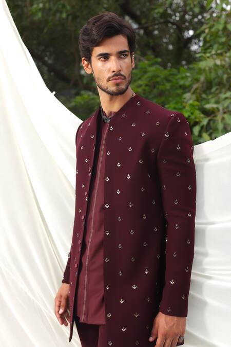 Shop_Tisa - Men_Burgundy Viscose, Polyester Embroidery Maple Motif Bandhgala With Pant _Online_at_Aza_Fashions