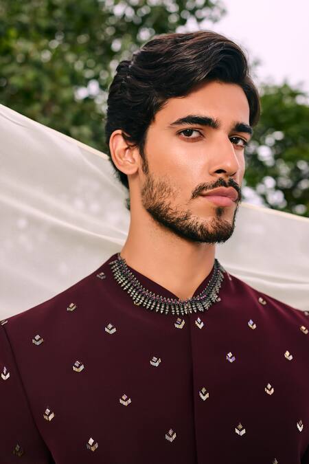 Tisa - Men_Burgundy Viscose, Polyester Embroidery Maple Motif Bandhgala With Pant _at_Aza_Fashions