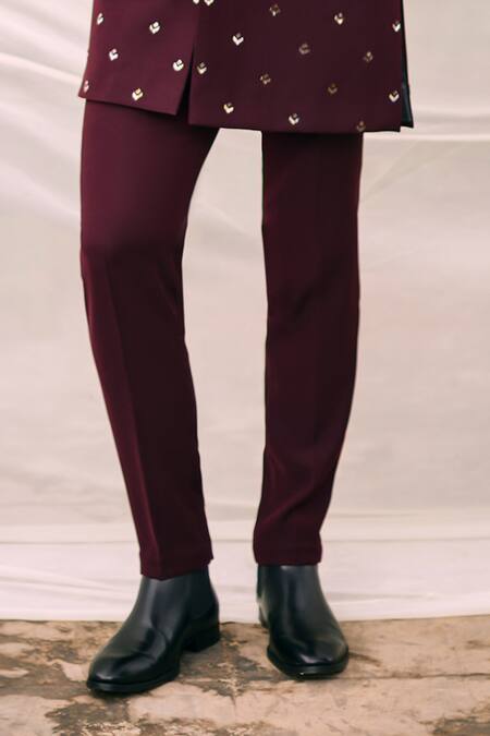 Buy_Tisa - Men_Burgundy Viscose, Polyester, Rayon Embroidery Maple Motif Bandhgala Jacket Set _Online_at_Aza_Fashions