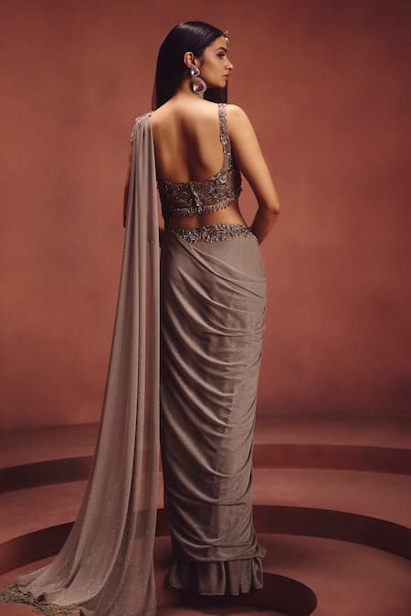 Shop_Awigna_Gray Lycra, Net Embroidery, Sequins Metallic Pre-draped Saree With Blouse _Online_at_Aza_Fashions