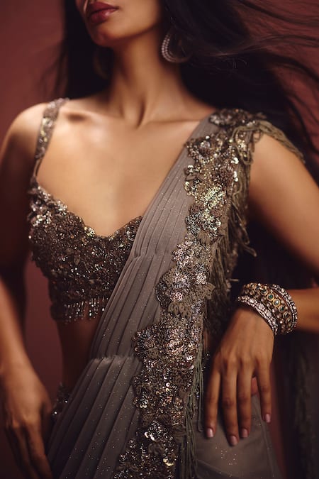 Awigna_Gray Lycra, Net Embroidery, Sequins Metallic Pre-draped Saree With Blouse _at_Aza_Fashions