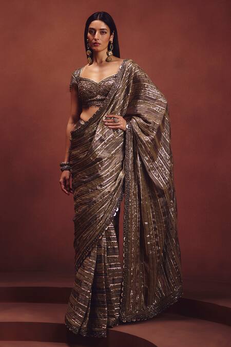 Awigna_Olive Green Organza Sequins, Beads, Embroidery Metallic Saree With Blouse _Online_at_Aza_Fashions