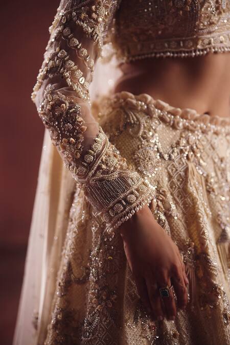 Shop_Awigna_Ivory Net Embroidery, Beads, Sequins, Zari Square Bridal Embellished Lehenga Set _Online_at_Aza_Fashions