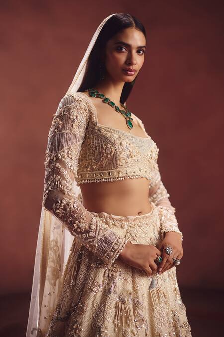 Awigna_Ivory Net Embroidery, Beads, Sequins, Zari Square Bridal Embellished Lehenga Set _at_Aza_Fashions
