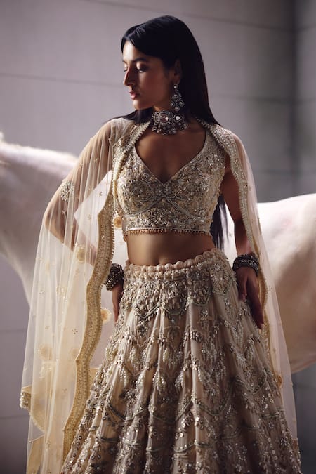 Awigna_Ivory Net Embroidery, Beads, Sequins V-neck Bridal Lehenga Set _Online_at_Aza_Fashions