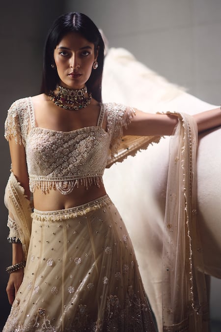 Buy_Awigna_Ivory Net Embroidery, Sequins, Beads, Stones Square Neck Lehenga Set _Online_at_Aza_Fashions