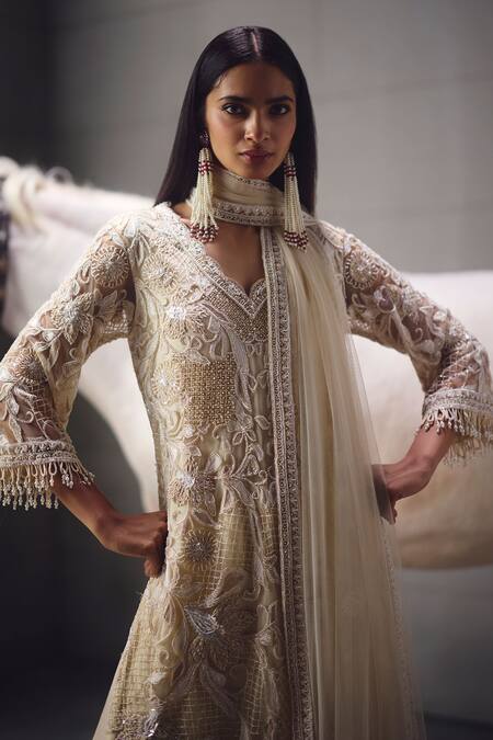 Awigna_Ivory Net, Organza Embroidery, Beads, Fringe, Embellished Kurta Palazzo Set _Online_at_Aza_Fashions
