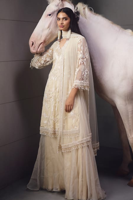 Awigna Ivory Embellished Kurta Palazzo Set 