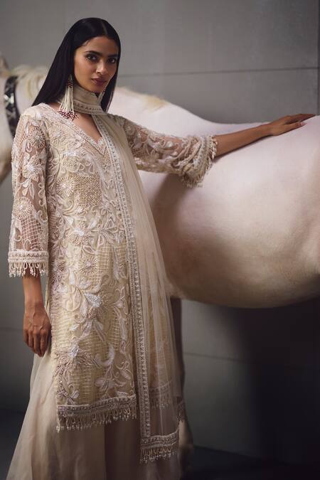 Buy_Awigna_Ivory Net, Organza Embroidery, Beads, Fringe, Embellished Kurta Palazzo Set _Online_at_Aza_Fashions