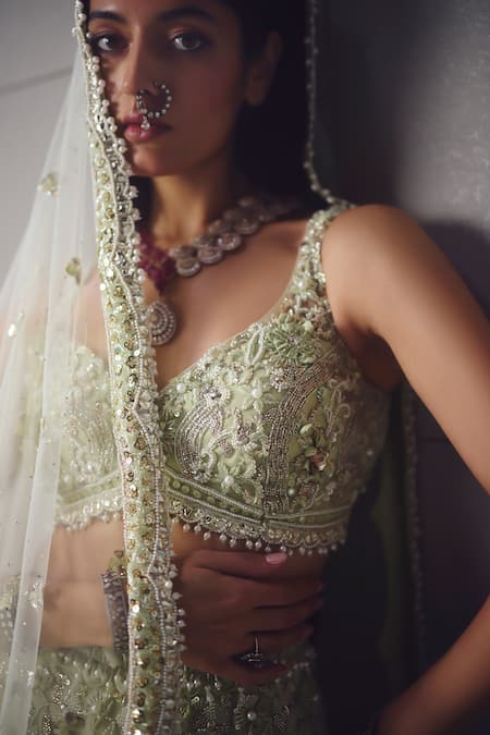 Awigna_Green Net Embroidery, Beads, Sequins, Zari Sage Embellished Lehenga Set _Online_at_Aza_Fashions
