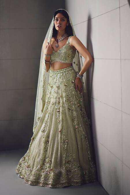 Buy_Awigna_Green Net Embroidery, Beads, Sequins, Zari Sage Embellished Lehenga Set _Online_at_Aza_Fashions