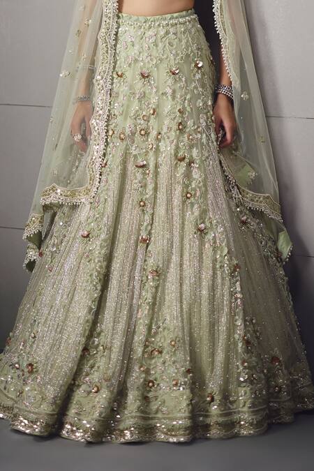 Awigna_Green Net Embroidery, Beads, Sequins, Zari Sage Embellished Lehenga Set _at_Aza_Fashions