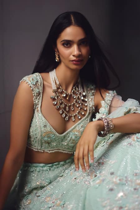 Awigna_Aqua Net Embroidery, Sequins, Beads Sweetheart Bridal Embellished Lehenga Set _Online_at_Aza_Fashions