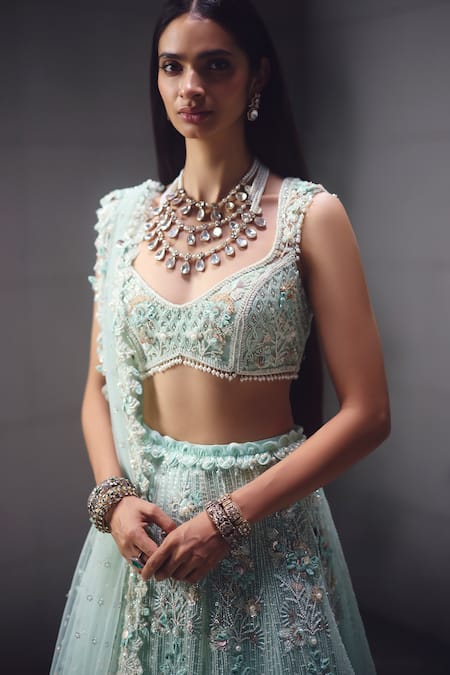 Buy_Awigna_Aqua Net Embroidery, Sequins, Beads Sweetheart Bridal Embellished Lehenga Set _Online_at_Aza_Fashions
