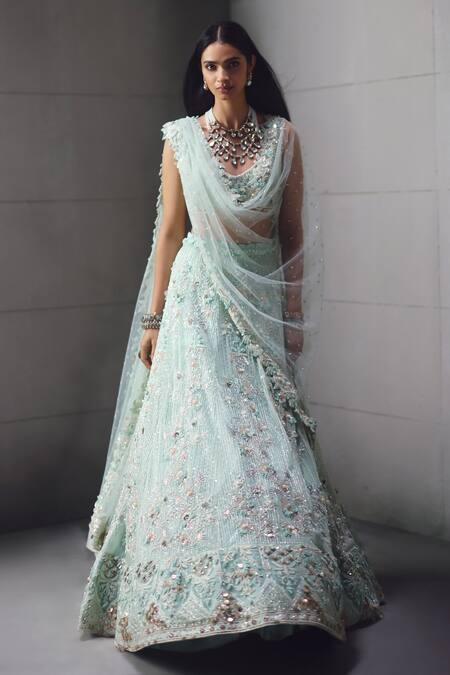 Shop_Awigna_Aqua Net Embroidery, Sequins, Beads Sweetheart Bridal Embellished Lehenga Set _Online_at_Aza_Fashions