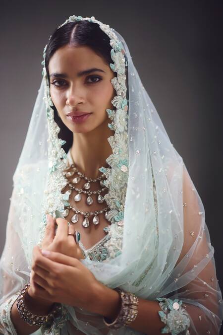 Awigna_Aqua Net Embroidery, Sequins, Beads Sweetheart Bridal Embellished Lehenga Set _at_Aza_Fashions