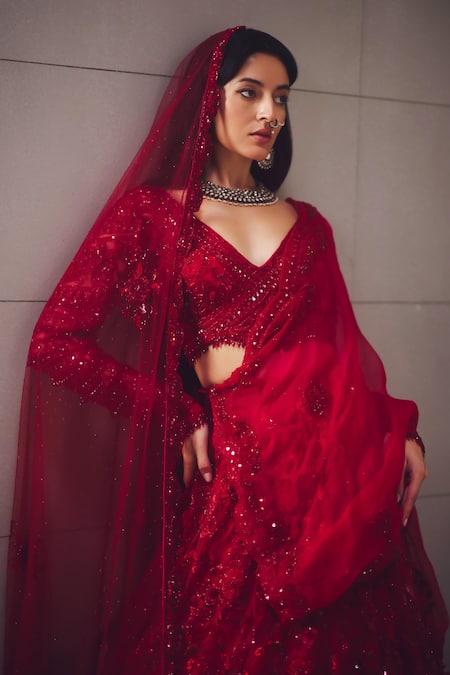 Awigna_Red Net, Organza Sequins, Beads, Embroidery Bridal Embellished Lehenga Set _Online_at_Aza_Fashions