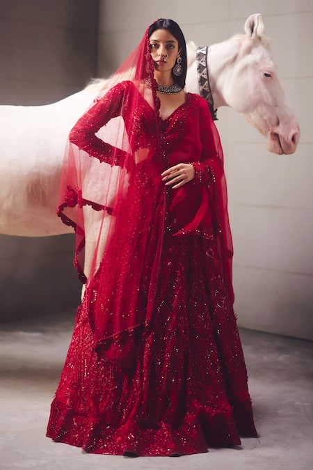 Buy_Awigna_Red Net, Organza Sequins, Beads, Embroidery Bridal Embellished Lehenga Set _Online_at_Aza_Fashions