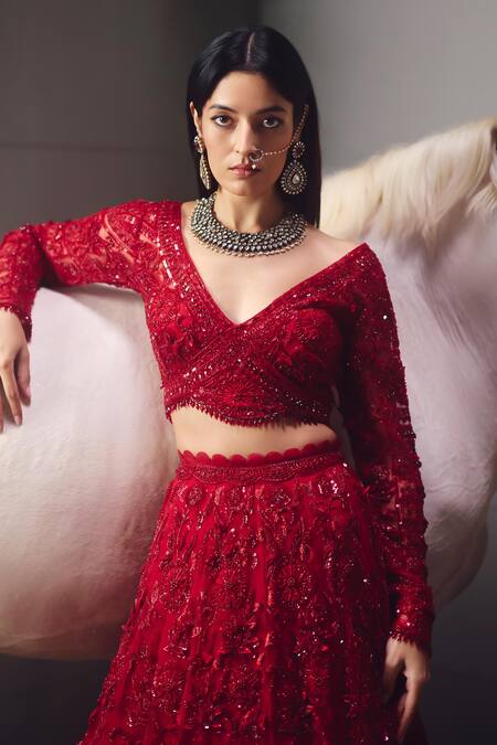 Awigna_Red Net, Organza Sequins, Beads, Embroidery Bridal Embellished Lehenga Set _at_Aza_Fashions