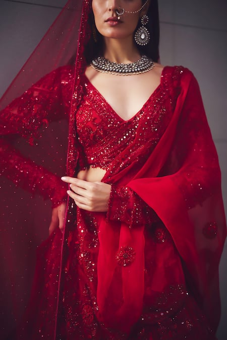 Buy_Awigna_Red Net, Organza Sequins, Beads, Embroidery Bridal Embellished Lehenga Set 