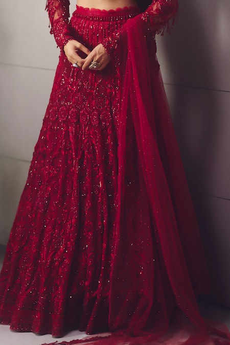 Awigna_Red Net Embroidery, Sequins, Beads Sweetheart Neck Lehenga Set _Online_at_Aza_Fashions